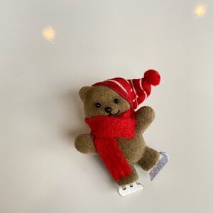 90's Vintage Fuzzy Ice Skating Bear Brooch Teddy Bear Winter Christmas